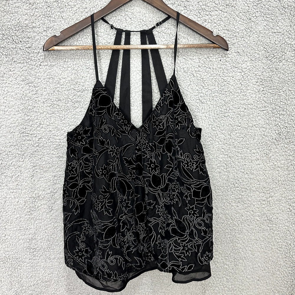 Lucky Brand Floral Burnout Out Strappy Tank Top Womens Small Black Boho Festival